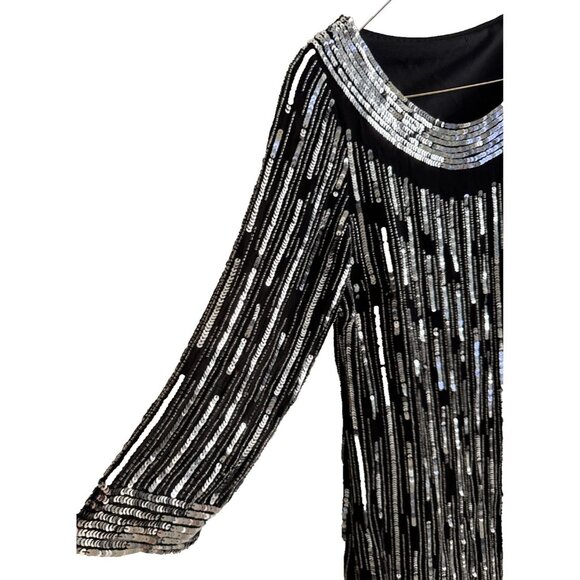 Flapper sequin 3/4 Sleeve, New Years Dress black &‎ sliver sparkly small Gatsby - Picture 5 of 12